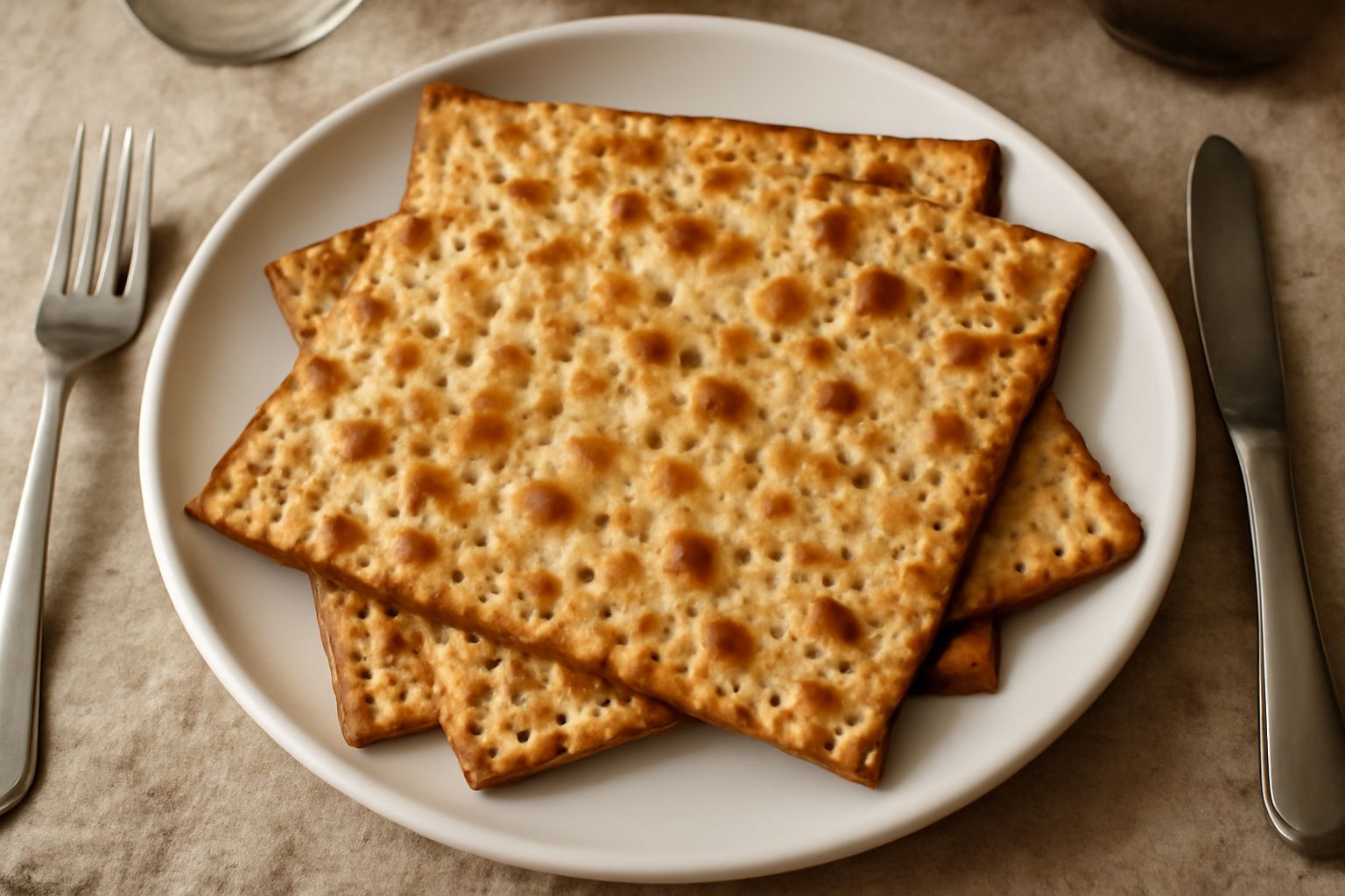 Tre matzos appena sfornati, rettangolari e dorati con bolle in superficie, disposti su un piatto bianco con tovaglia a righe blu, vapore ancora visibile