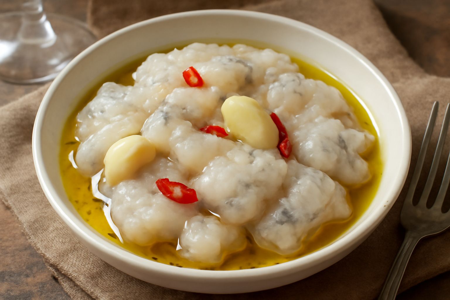 Mazancol bianco e translucido marinato in olio e aceto, in una ciotola di vetro con spicchi d'aglio, peperoncino rosso e erbe fresche visibili, su un tavolo di legno chiaro