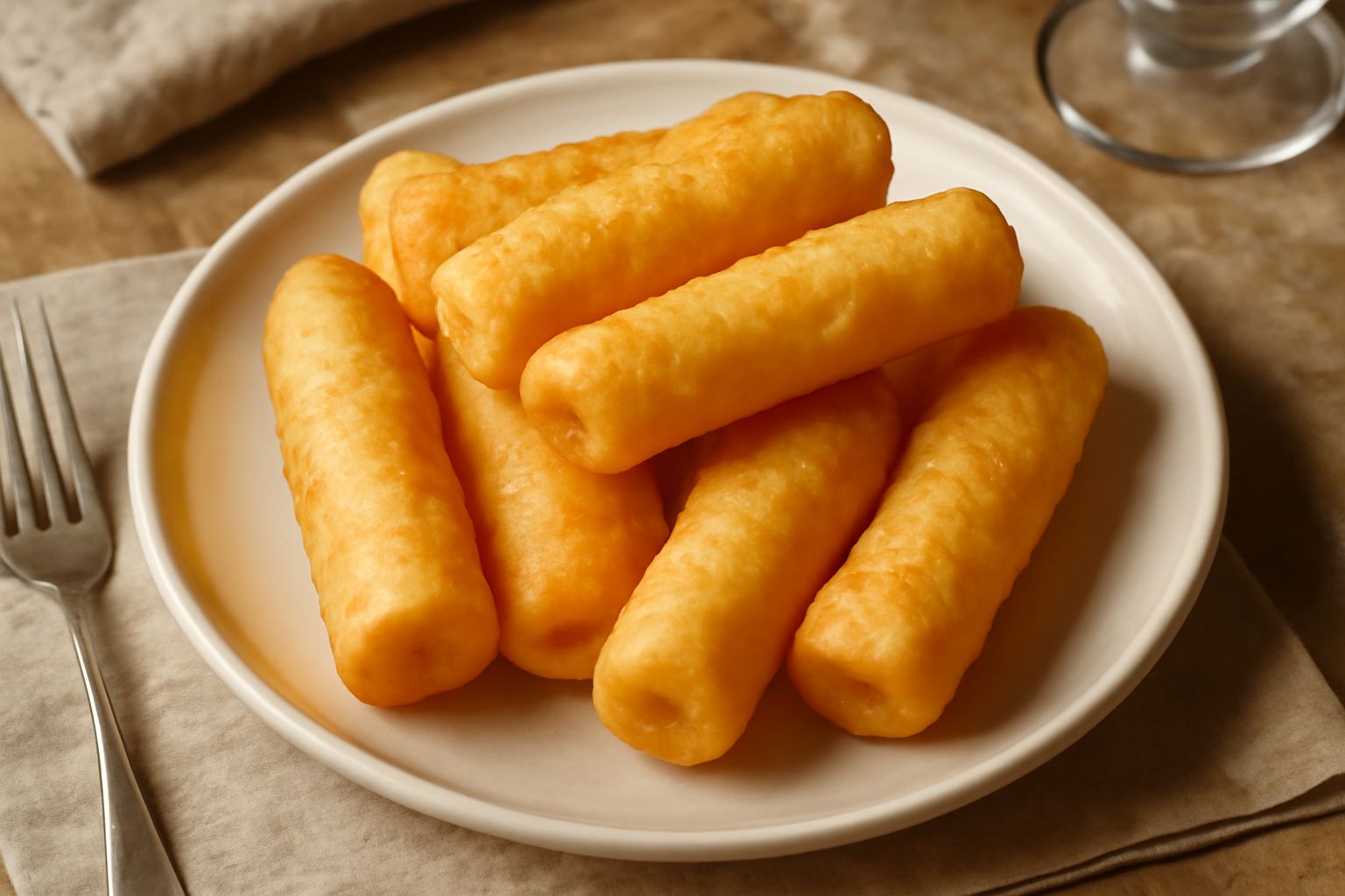 Bastoncini di mazzacorda dorati e croccanti disposti in un piatto bianco, spolverati di zucchero e sale grosso, con miele in un piccolo cucchiaio accanto