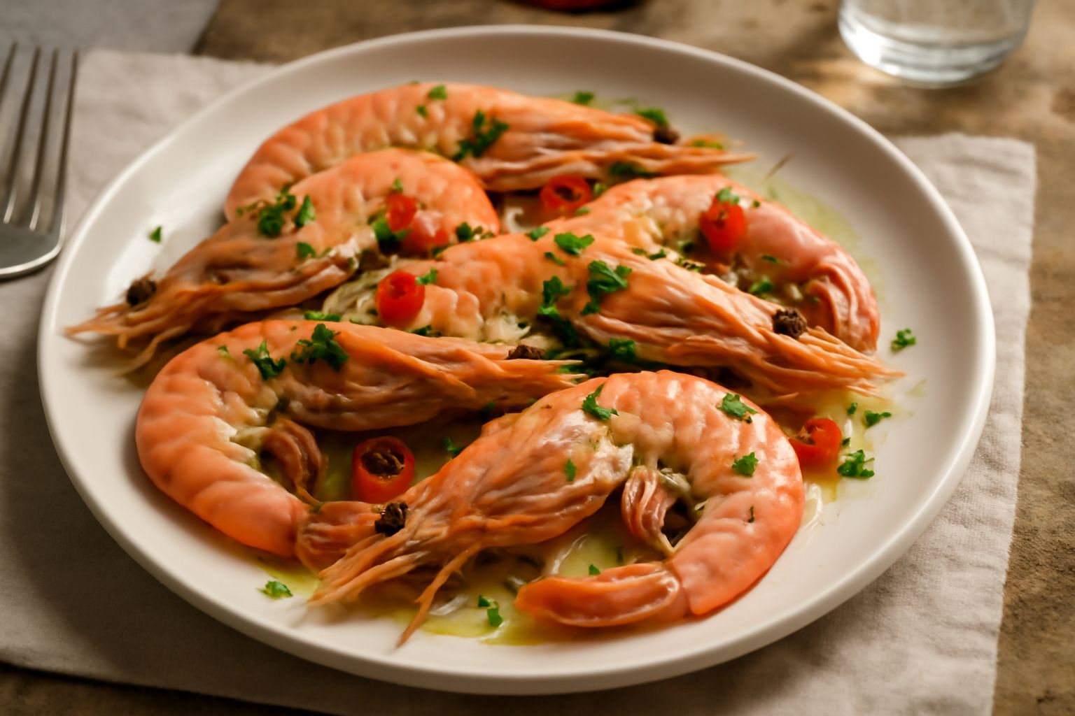 Mazzancolle rosa e bianche cotte in padella con aglio, peperoncino e prezzemolo fresco, impiattate in un piatto di ceramica bianca con filo d'olio extravergine