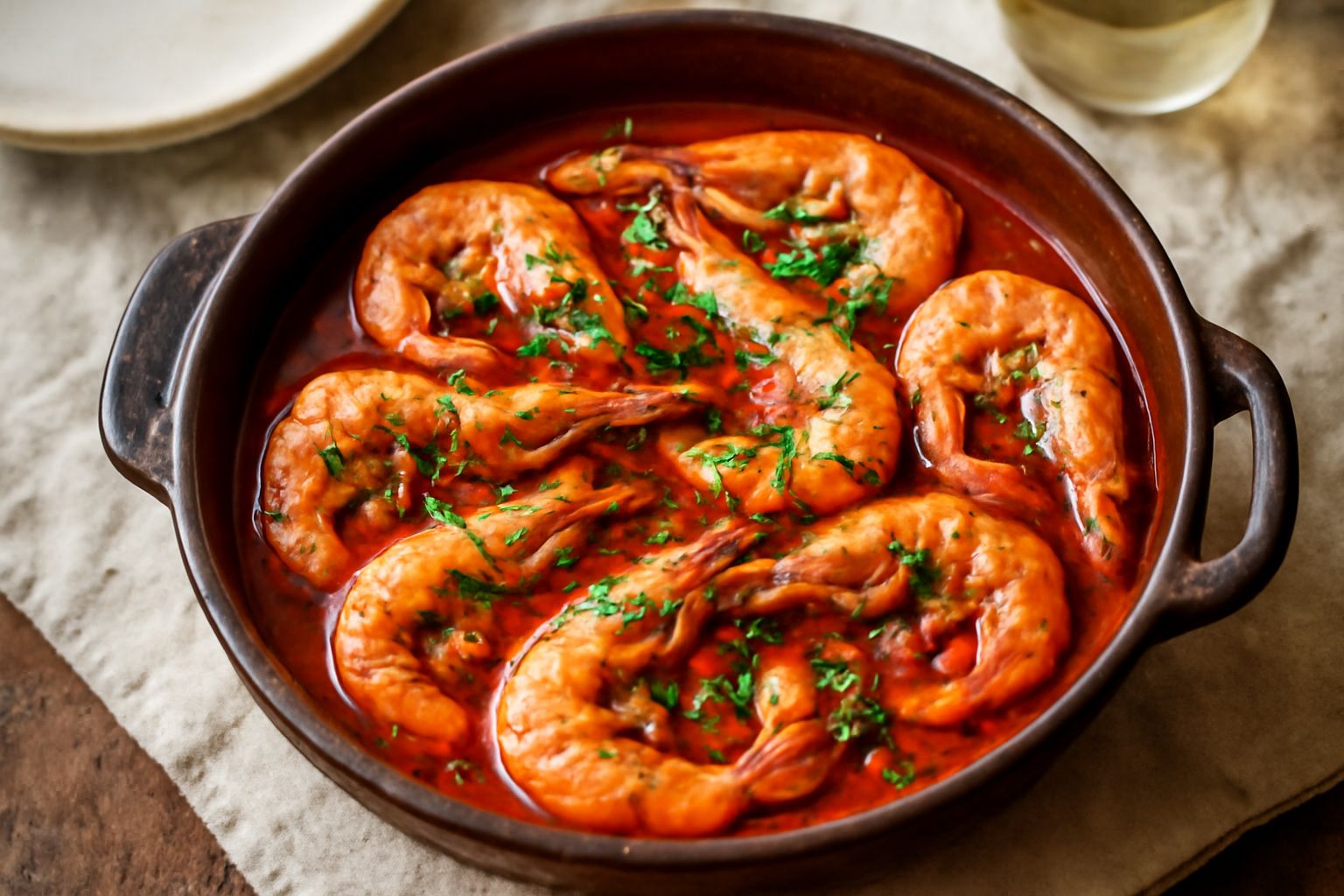 Mazzancolle cotte in tecia di terracotta, con guscio rosato, in un sugo rosso di pomodoro e aglio, guarnite con prezzemolo fresco tritato, sul fondo della padella