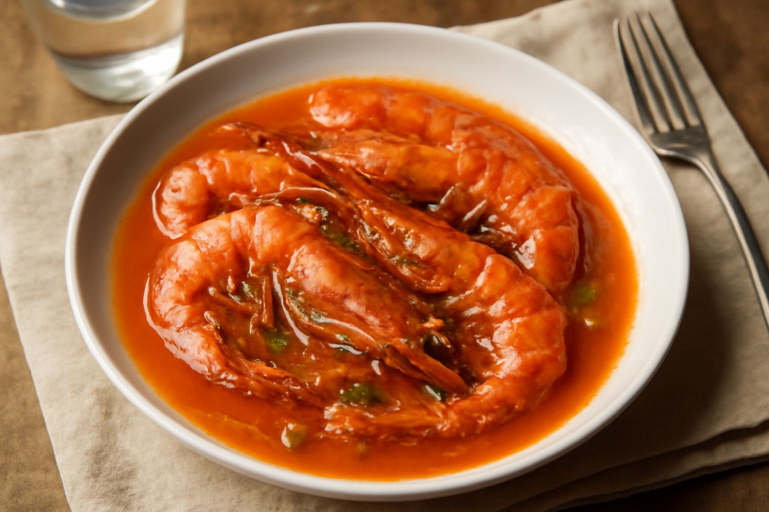 Mazzancolle rosa e grigio scuro in brodo rosato con pomodori e sedano in una padella di terracotta, con prezzemolo verde sopra il bordo