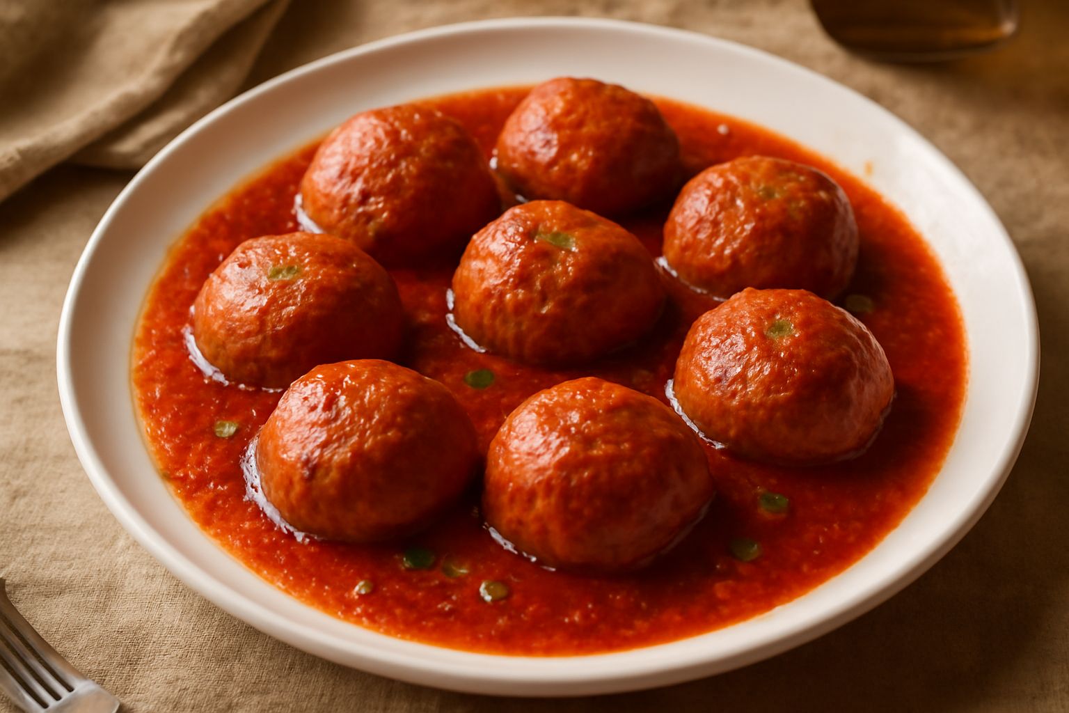 Polpette di carne scura immerse in sugo di pomodoro rosso brillante, guarnite con prezzemolo verde fresco, servite in un piatto bianco fondo con contorno di sugo denso