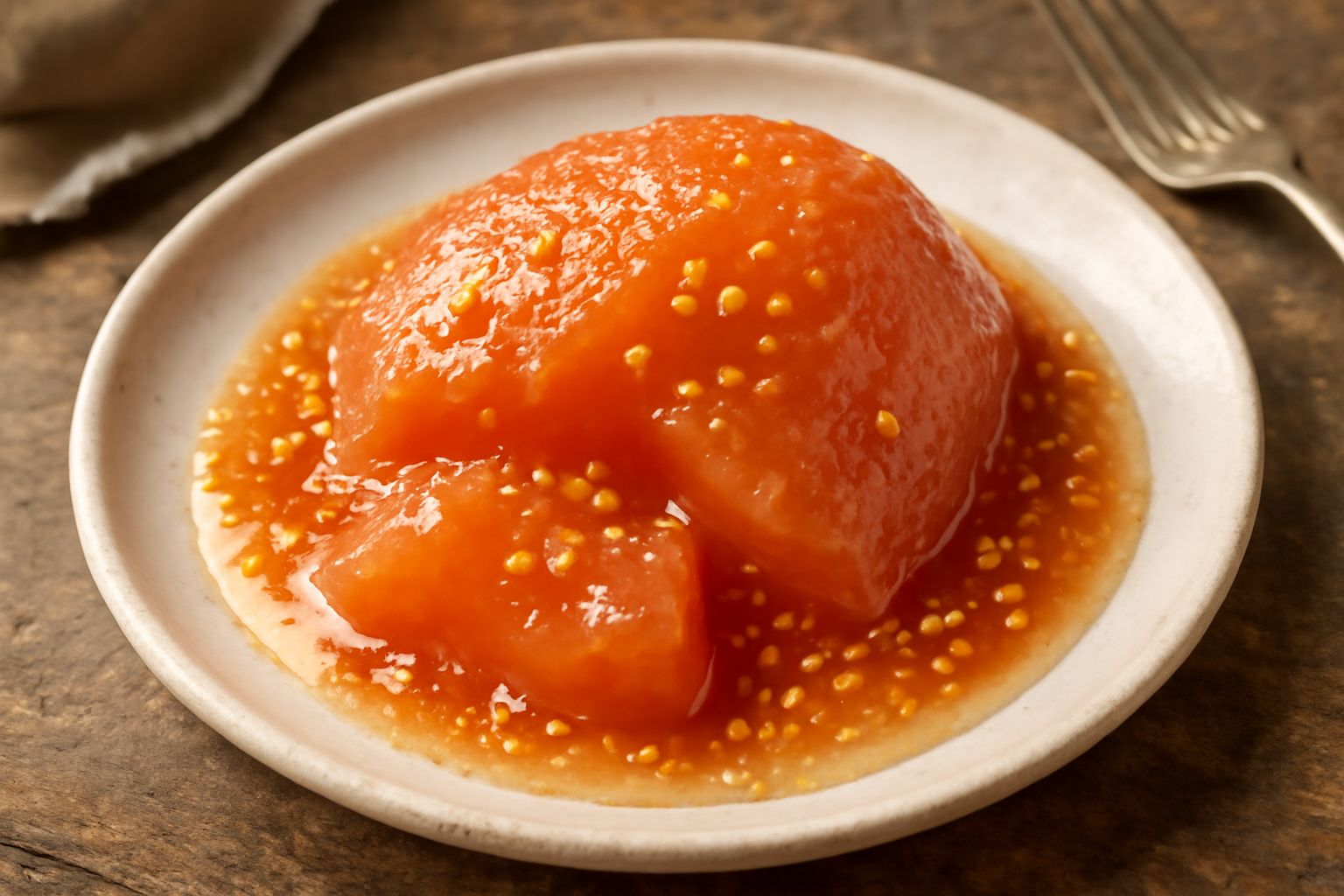 Mela cotogna in mostarda in una ciotola di ceramica bianca, con polpa rosa-arancione traslucida, semi neri visibili, glassa lucida, accanto a un cucchiaio di legno e una fetta di pane tostato