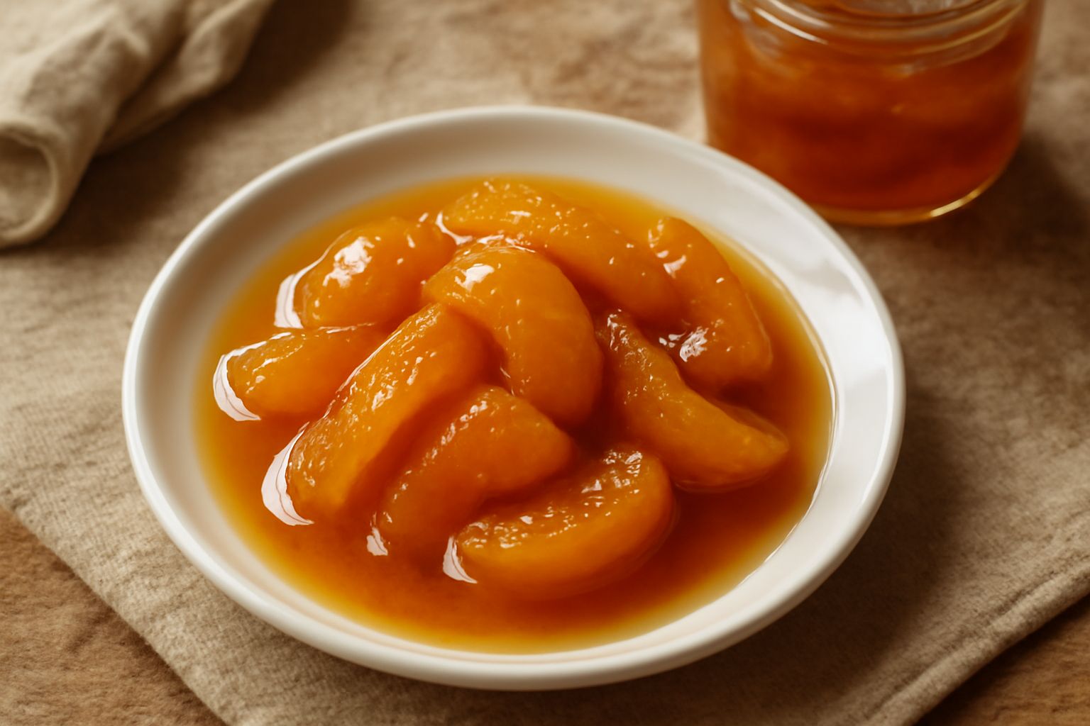 Vasetti di vetro trasparente riempiti di mela cotogna in sciroppo dorato, pezzi di frutto visibili nel liquido denso e ambrato, con un vasetto aperto che mostra la consistenza gelatinosa della polpa.