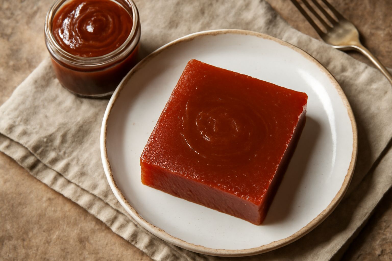 Vasetto di vetro con melacotogna marrone scura e densa, cucchiaio di legno dentro, sfondo di frutta fresca: melone giallo-arancio e cotogne grigie con foglie, luce naturale calda