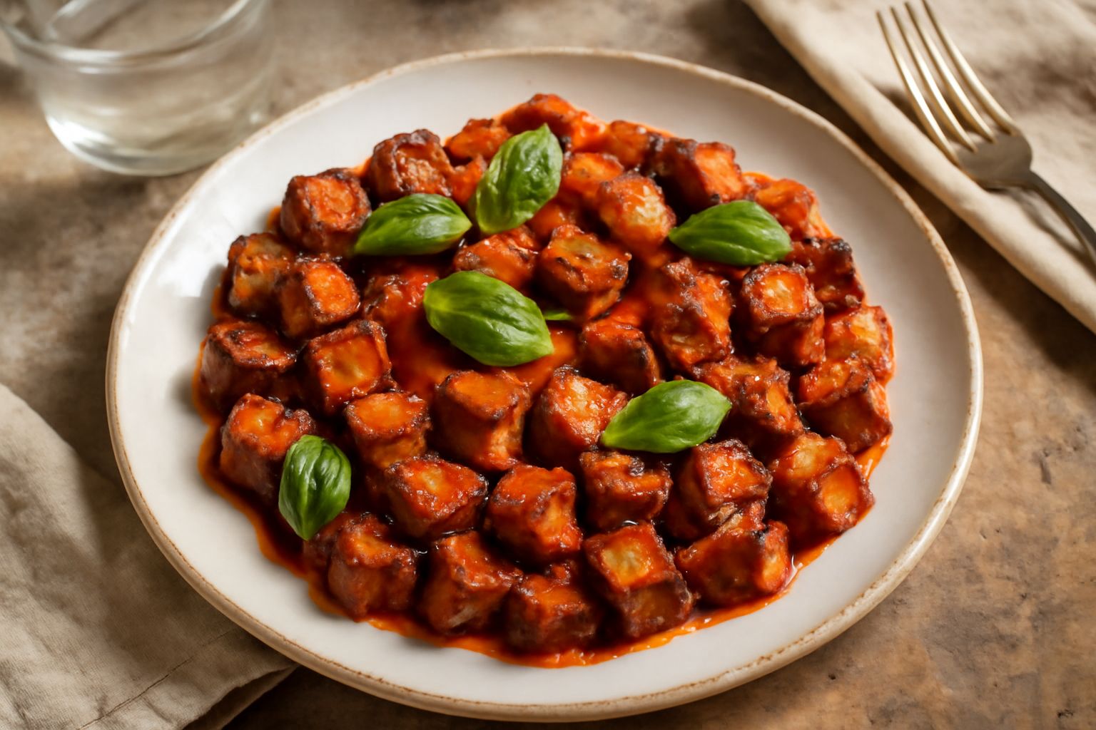 Melanzane tagliate a dadini rosso-brune, dorate in padella, insaporite con salsa di pomodoro rosso acceso e basilico verde, servite in un piatto bianco