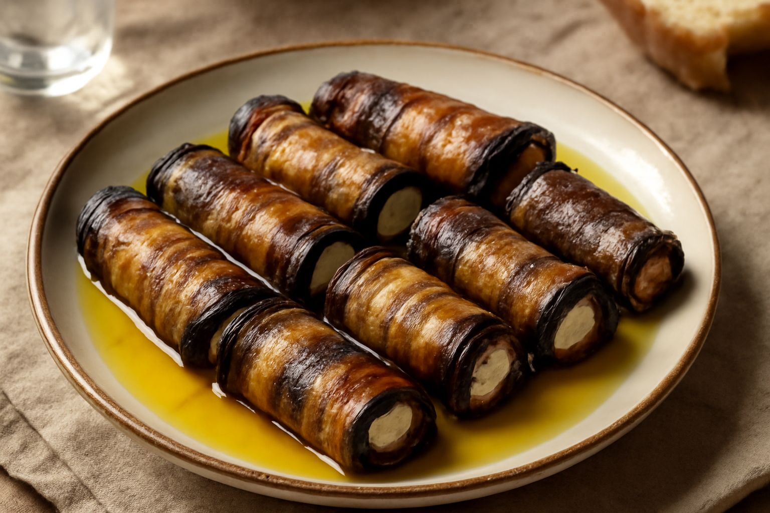 Vasetto di vetro trasparente con melanzane arrotolate di colore blu scuro e marrone dorato immerse in olio giallo, visibili i bordi ondulati e croccanti degli involtini, luminosi e brillanti