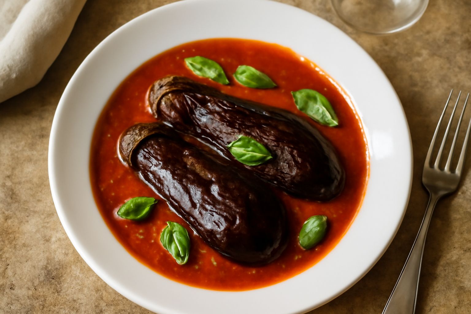 Melanzane affogadas in un piatto bianco, immerse in salsa di pomodoro rosso intenso, con basilico verde fresco sopra e olive nere, ripresa dall alto