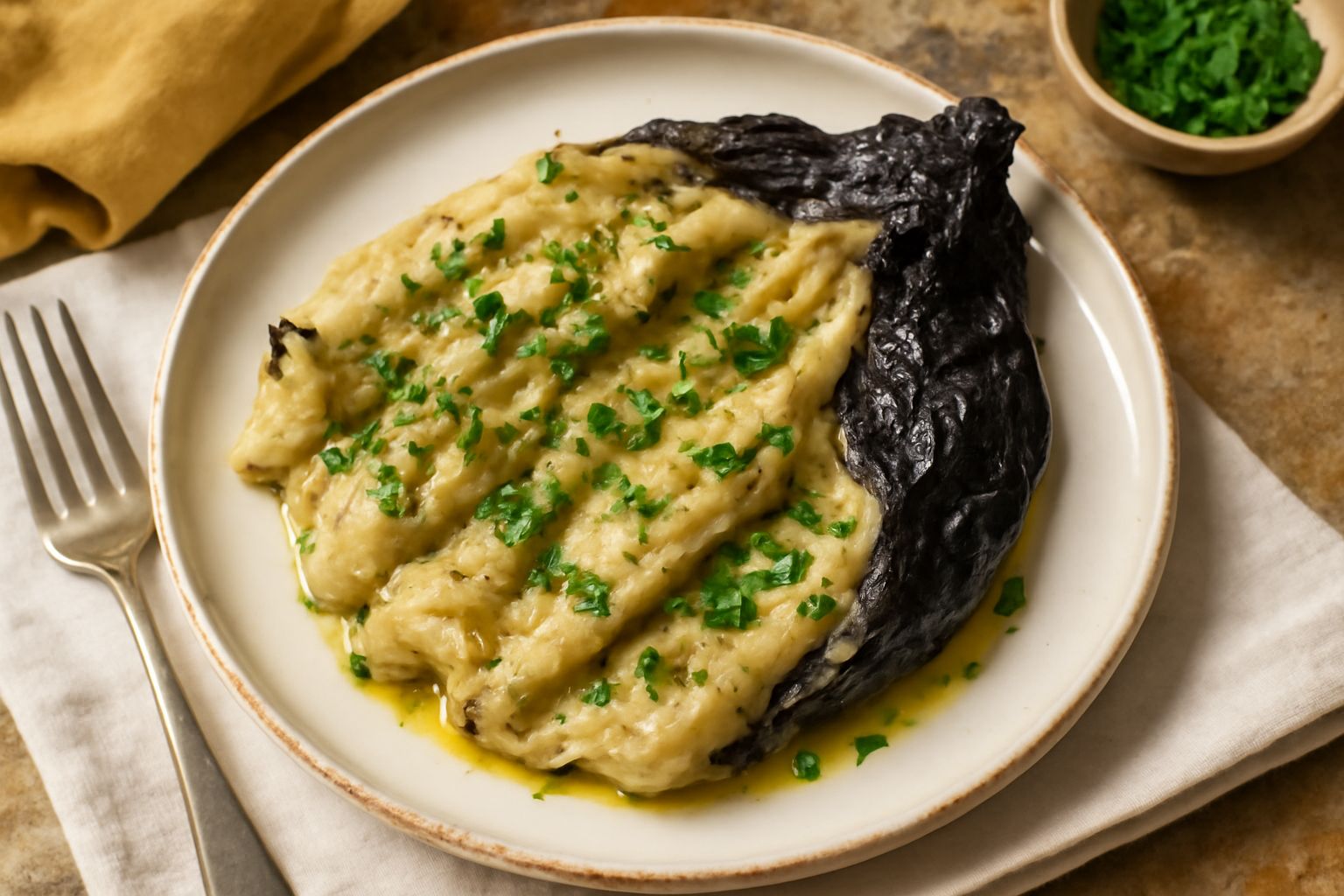 Melanzane affumicate sbucciate color bianco avorio con striature scure, condite con olio e prezzemolo, disposte su un piatto bianco piano con un cucchiaio accanto