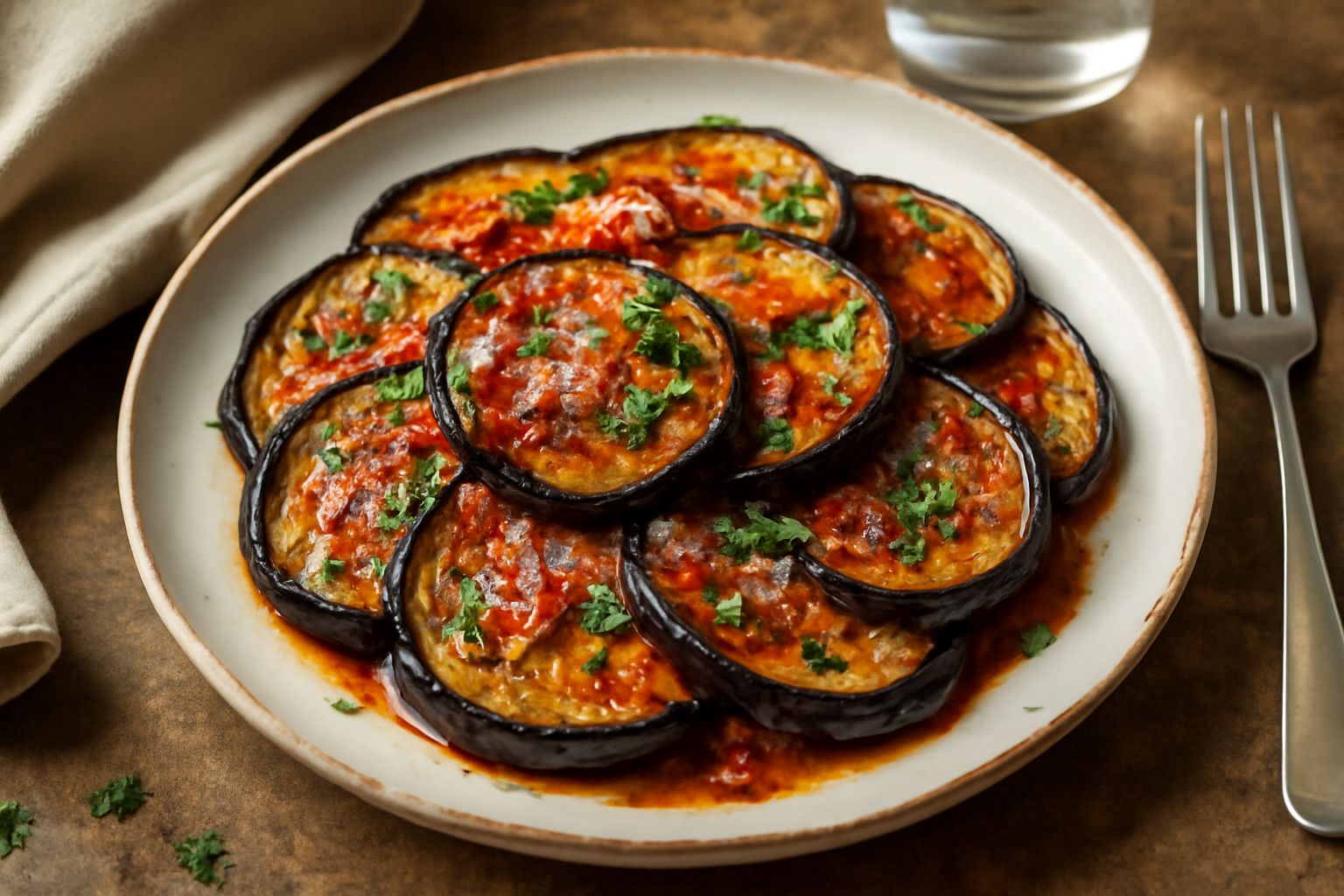Melanzane al forno in pirofila bianca, fette sovrapposte con pomodoro rosso, mozzarella bianca filante e basilico verde fresco, dorate in superficie