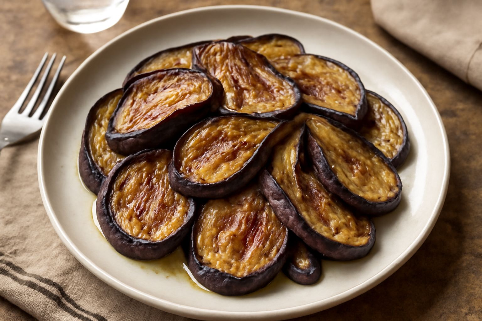 Melanzane scure e morbide tagliate a spicchi, leggermente dorate ai bordi, disposte in un piatto bianco con gocce di olio d'oliva e foglie di basilico fresco