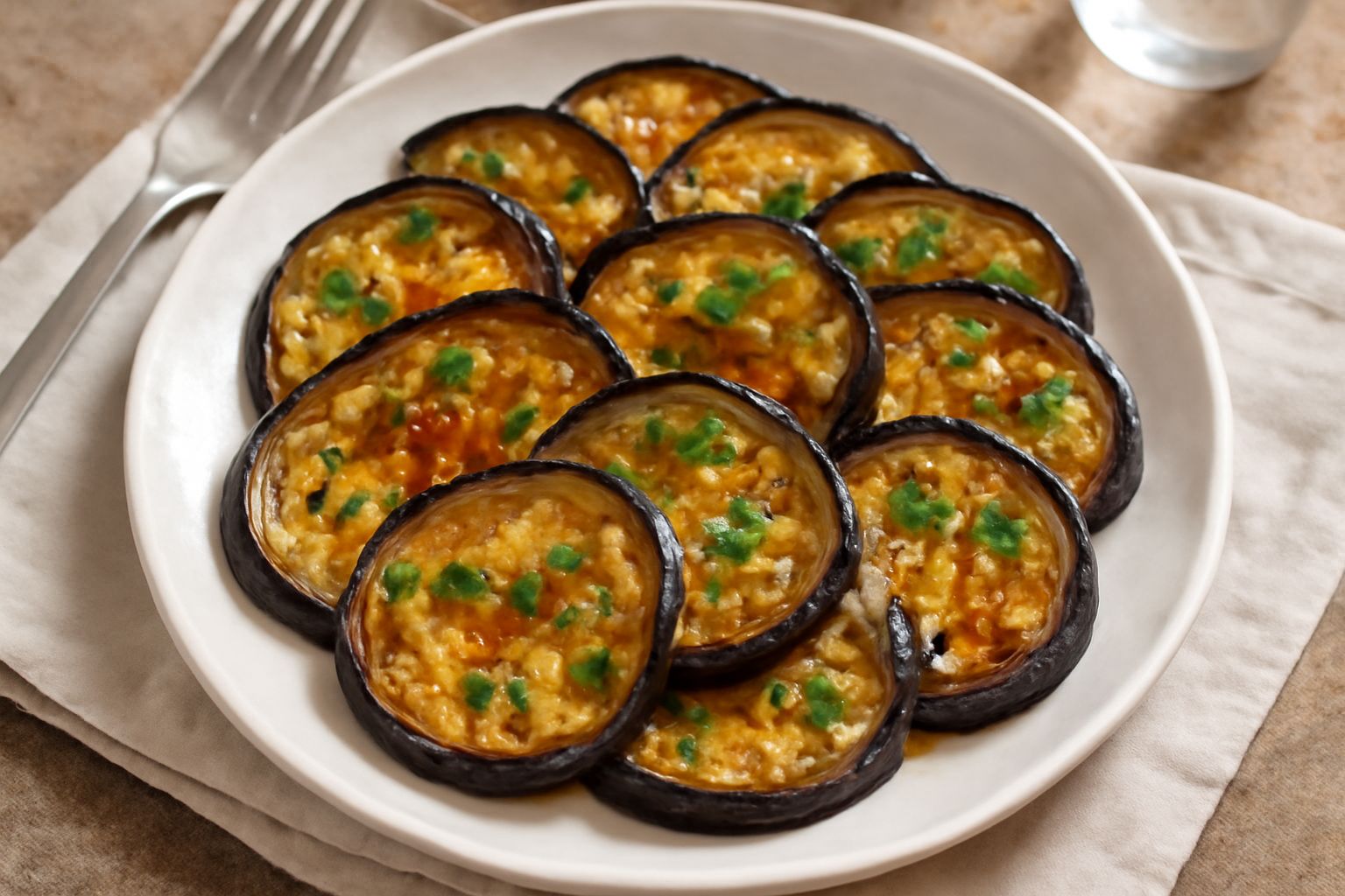 Melanzane al forno fredde tagliate a fette, dorate e leggermente oleate, cosparse di prezzemolo tritato fresco e aglio minuzzato, disposte su un piatto bianco