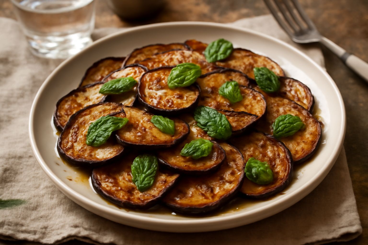 Piatto bianco con melanzane alla barese: fette dorate di melanzana fritte disposte a ventaglio, cosparse di aglio minuzzato e foglie di menta verde, con qualche goccia di aceto trasparente visibile su