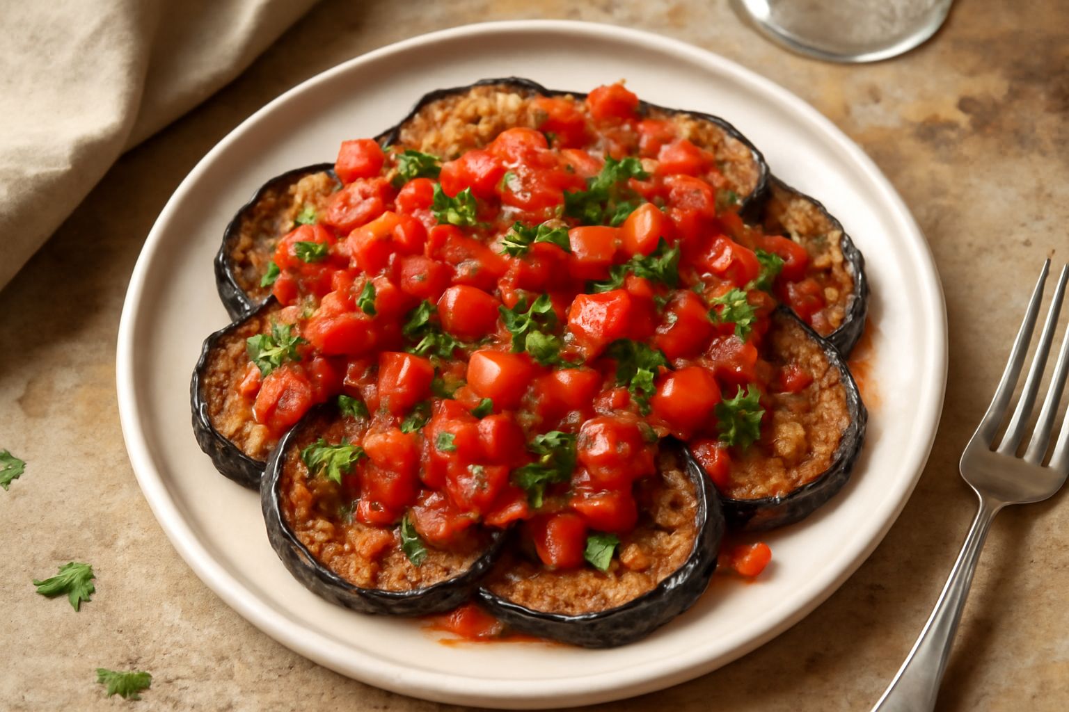 Melanzane alla basilicatese in piatto bianco: fette dorate e croccanti di melanzane fritte, condite con pomodori rossi, aglio, prezzemolo verde e olio, bordo del piatto pulito