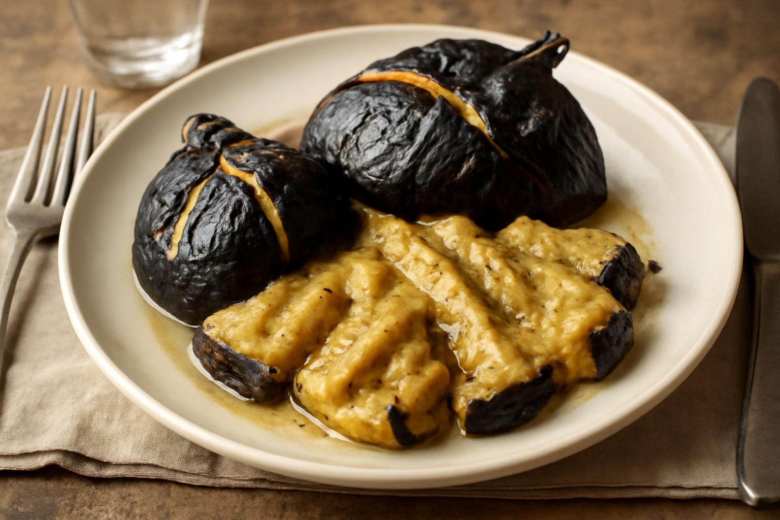 Melanzane nere annerite sulla brace, pelle leggermente carbonizzata e spaccata, adagiate su un piatto bianco con gocce di olio extravergine verde e erba cipollina fresca