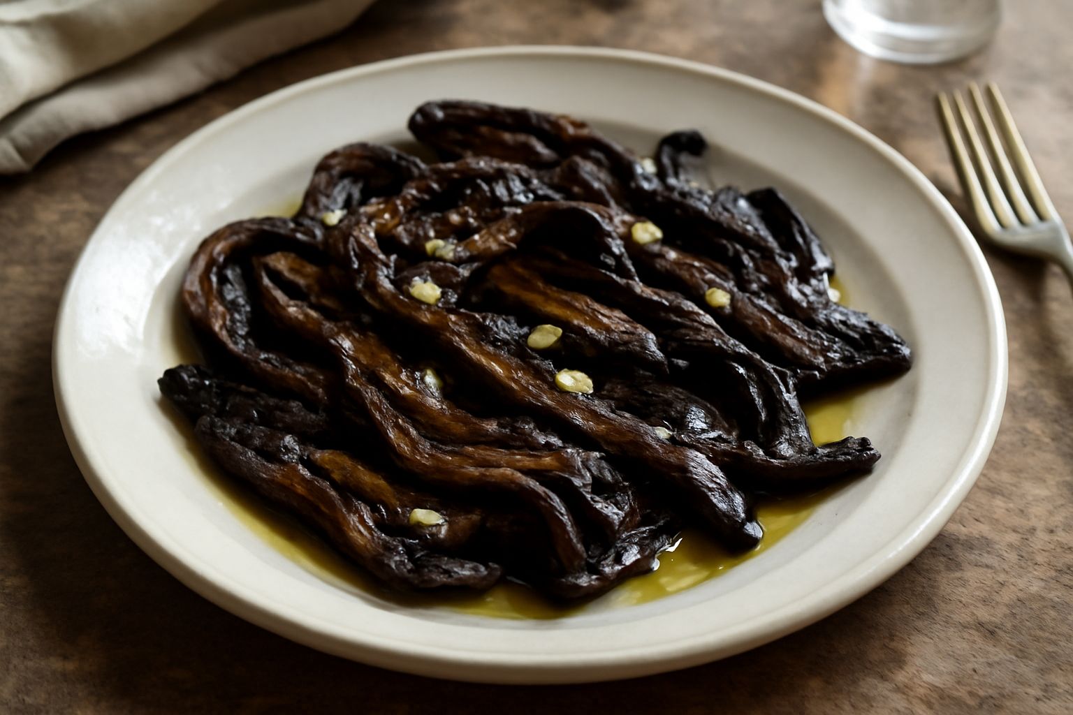 Melanzane tagliate a fette grillate di colore scuro, poste in un piatto bianco con spicchi di aglio fresco, peperoncino rosso e foglie di prezzemolo, lucide di olio dorato