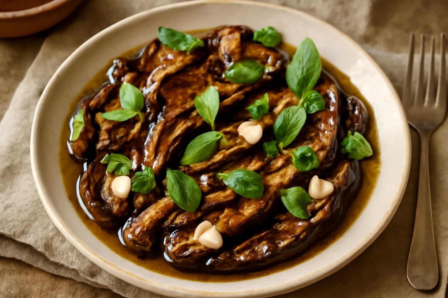 Melanzane grigliate tagliate a strisce verticali di colore marrone scuro e dorato, condite con olio d'oliva lucido, spicchi di aglio e foglie di basilico fresco, disposte in un piatto di ceramica bian