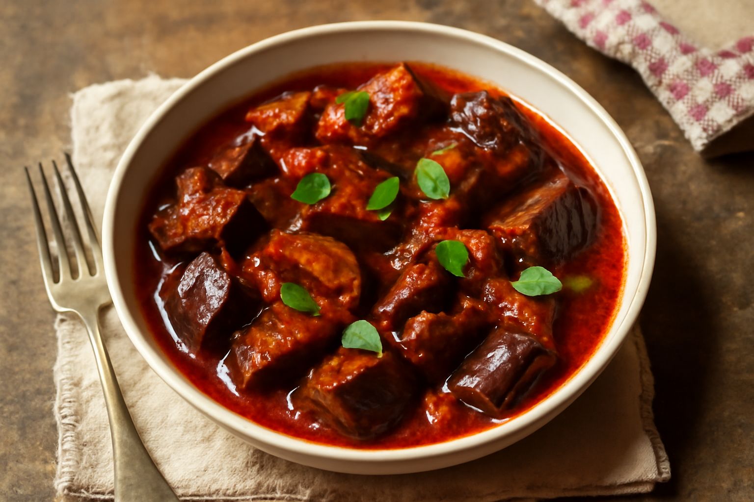 Melanzane in umido color marrone scuro e rosso, cotte in una pentola di terracotta, con pezzi di melanzana morbida, sugo rosso di pomodoro, foglioline di origano fresco sparse in superficie