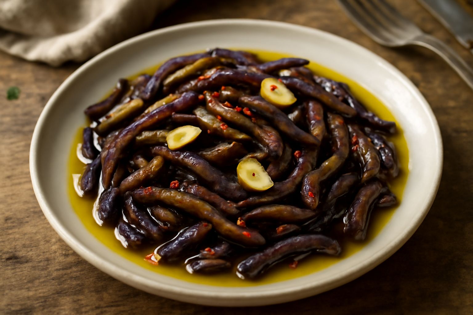 Melanzane fritte viola scuro tagliate a listarelle, cosparse di aglio affettato e peperoncino rosso, immerse in olio di oliva trasparente in un barattolo di vetro