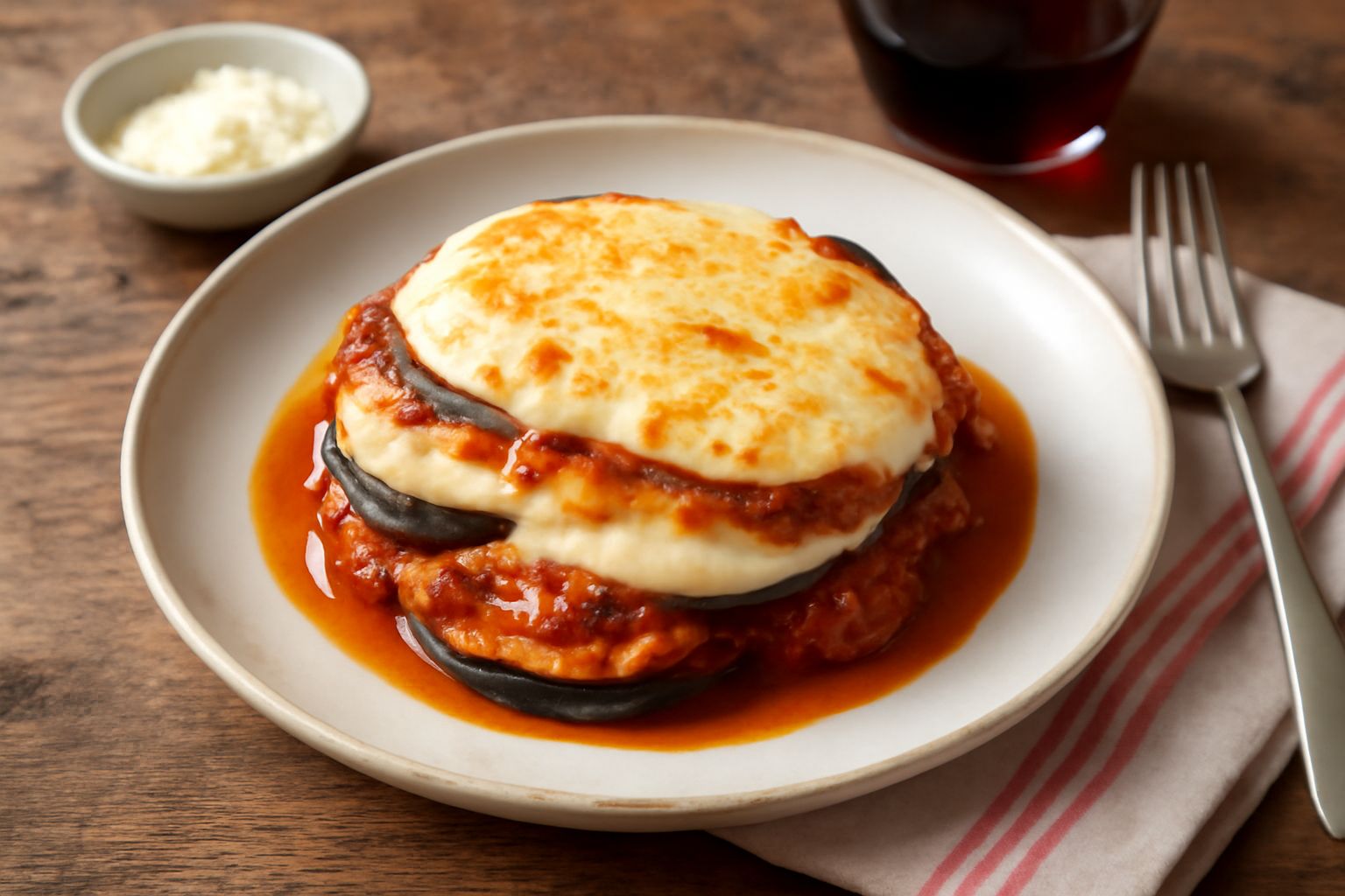 Melanzane alla cardinale in una pirofila di ceramica bianca, coperte di besciamella dorata e filamenti di formaggio gratinato al forno, vapore ancora visibile