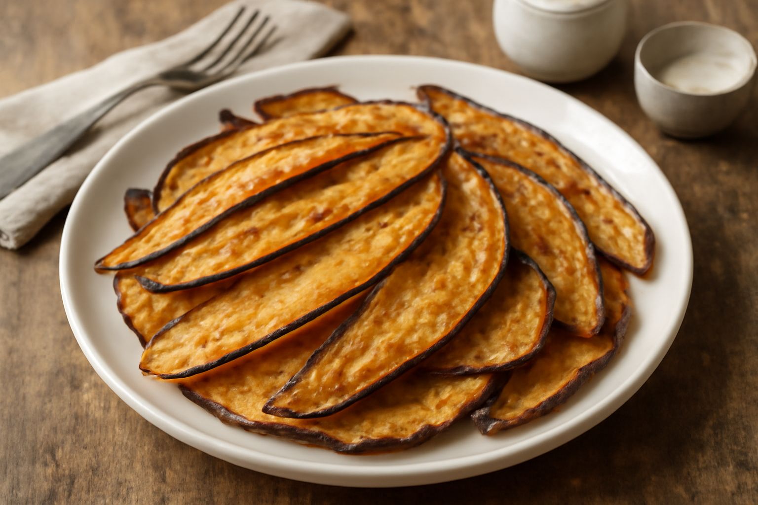 Melanzane alla chitarra appena fritte, dorate e croccanti, disposte su un piatto bianco con un filo d'olio d'oliva, aglio fresco e prezzemolo verde