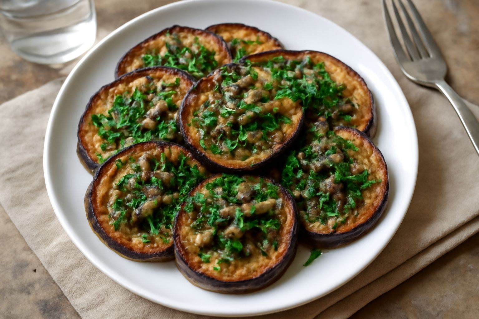 Melanzane affettate fritte disposte a strati in un piatto bianco, ricoperte di un trito verde scuro di aglio e prezzemolo, acciughe salate visibili tra le fette