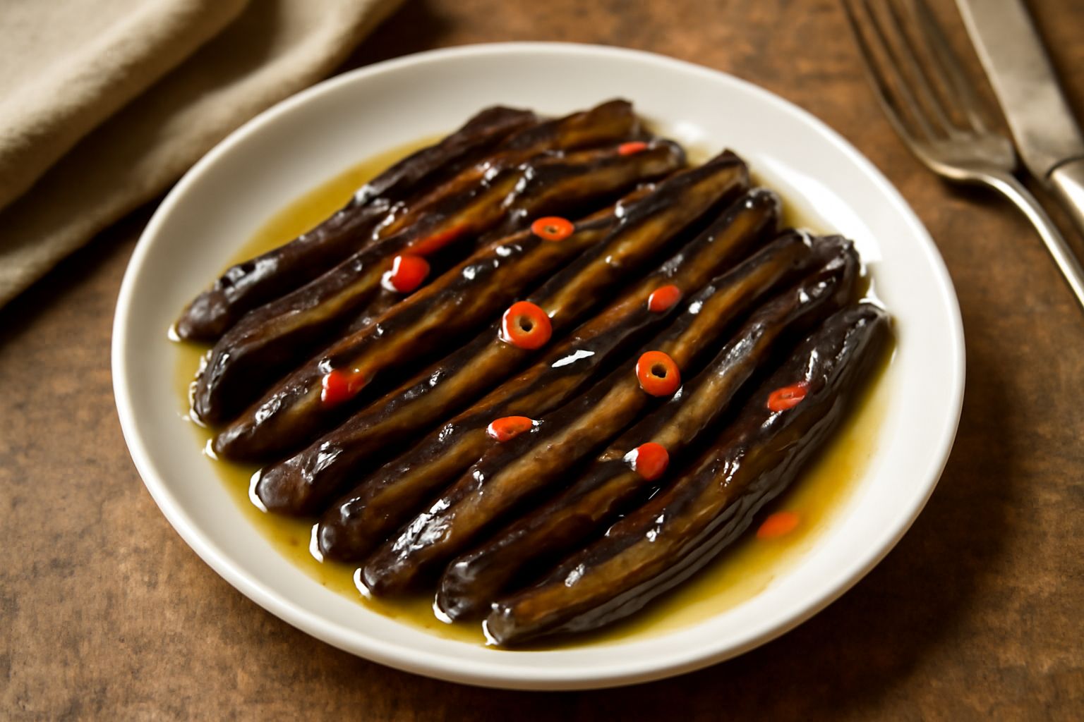 Melanzane alla lucana sottolio in un piatto bianco: strisce di melanzana scura e brillante coperte di olio trasparente con visibili scaglie di peperoncino rosso e spicchi di aglio bianco