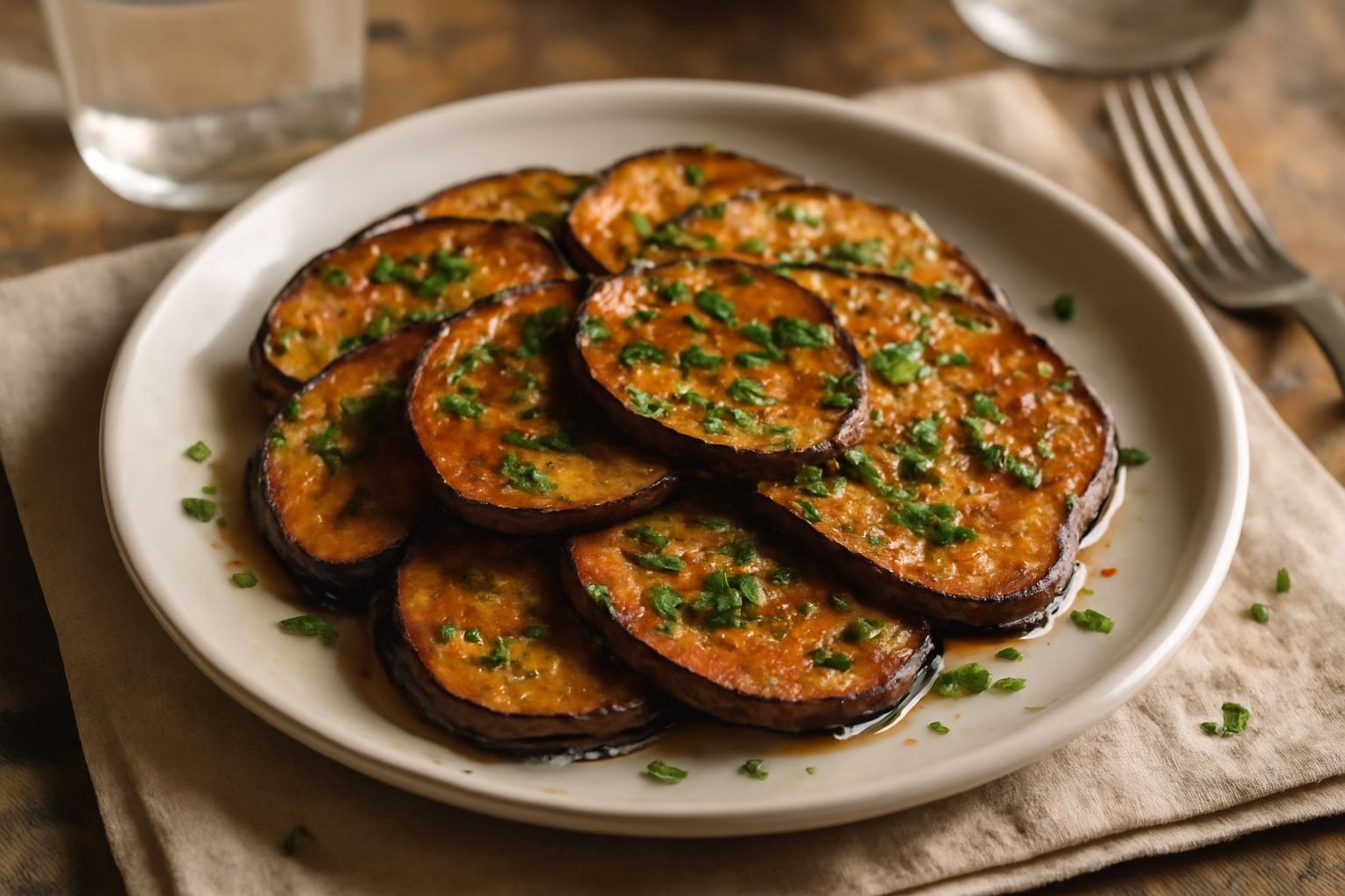 Melanzane fritte tagliate sottili, dorate e croccanti, condite con aglio fresco e prezzemolo verde, disposte in un piatto bianco su fondo di lino naturale