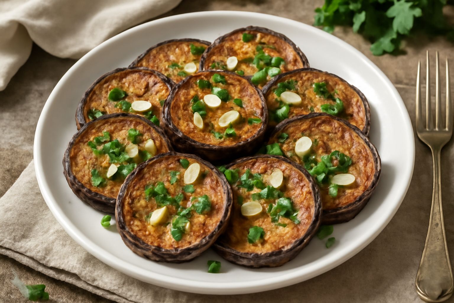 Melanzane viola scuro tagliate a fette, croccanti e dorate, disposte in un piatto bianco con prezzemolo fresco verde e gocce di aceto trasparente visibile sulla superficie