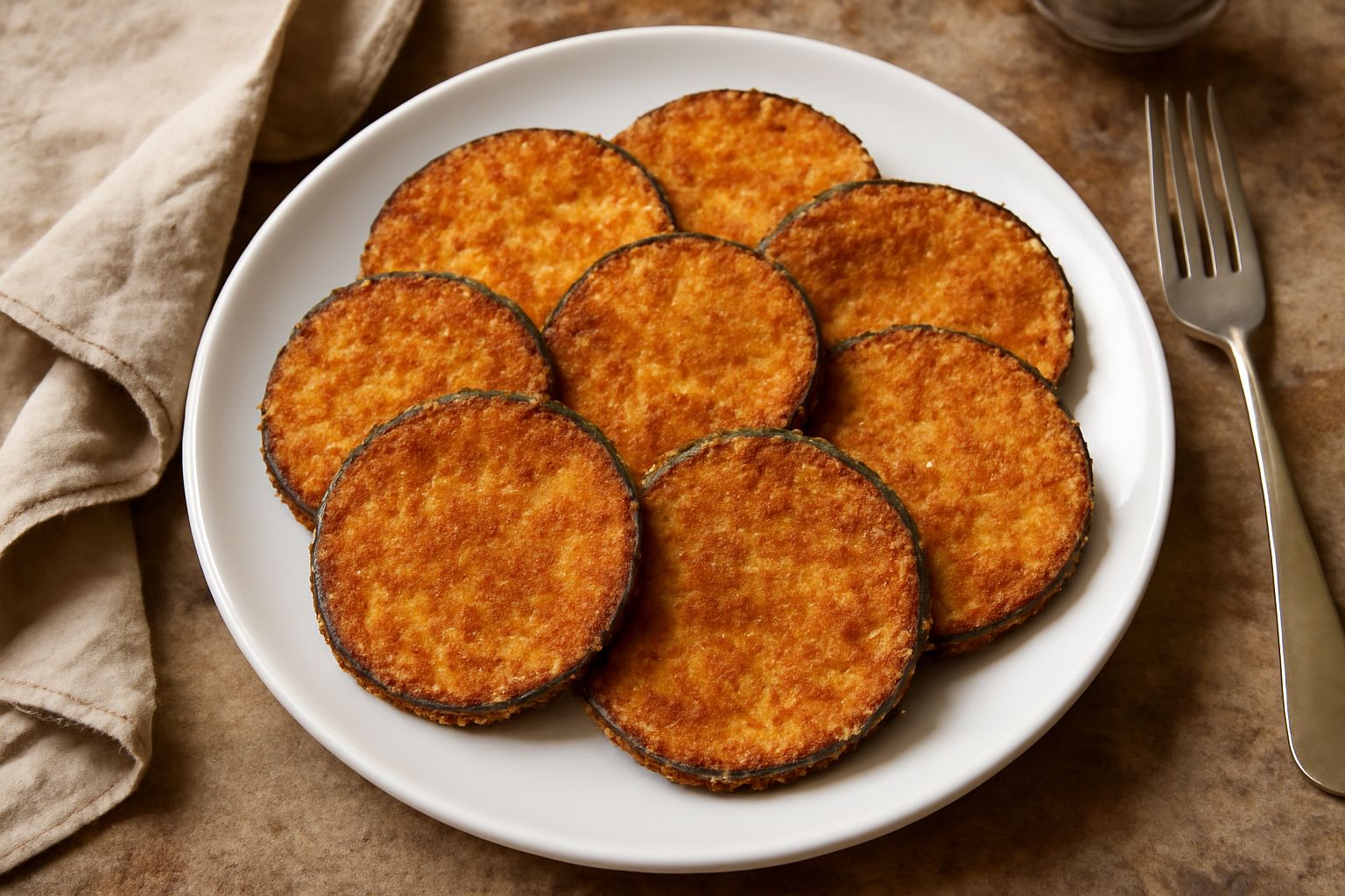 Piatto con melanzane alla milanese dorate e croccanti, coperte da pangrattato color nocciola, disposte in cerchio con una salsina di pomodoro fresco al centro