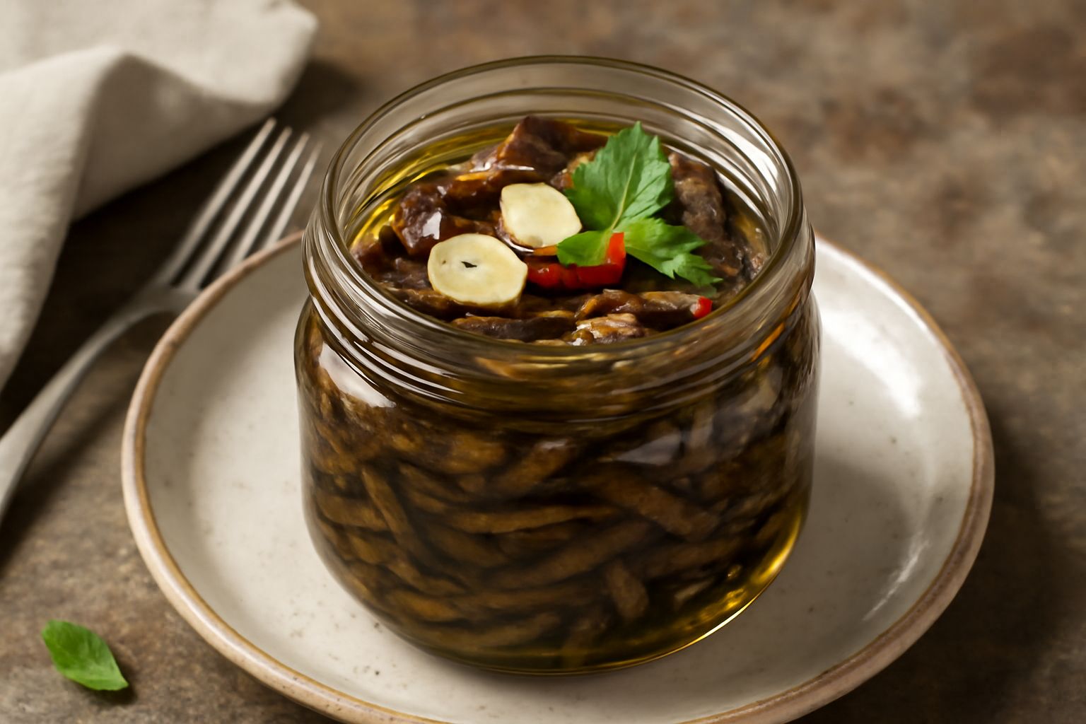 Vasetto di vetro con melanzane fritte tagliate a listarelle, ricoperte di olio d'oliva, aglio e peperoncino visibili in superficie, su sfondo neutro bianco