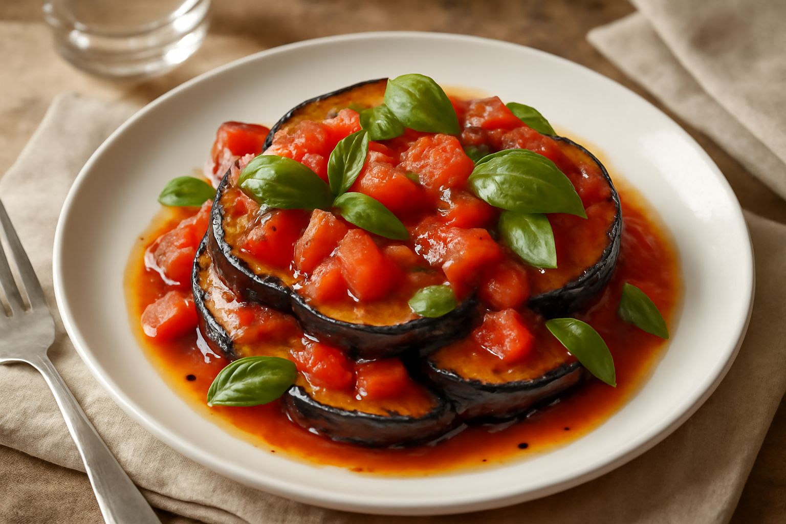 Melanzane alla napoletana in un piatto bianco: melanzane dorate e croccanti coperte di pomodori rossi, basilico fresco verde e condimento oleoso, servite ancora calde