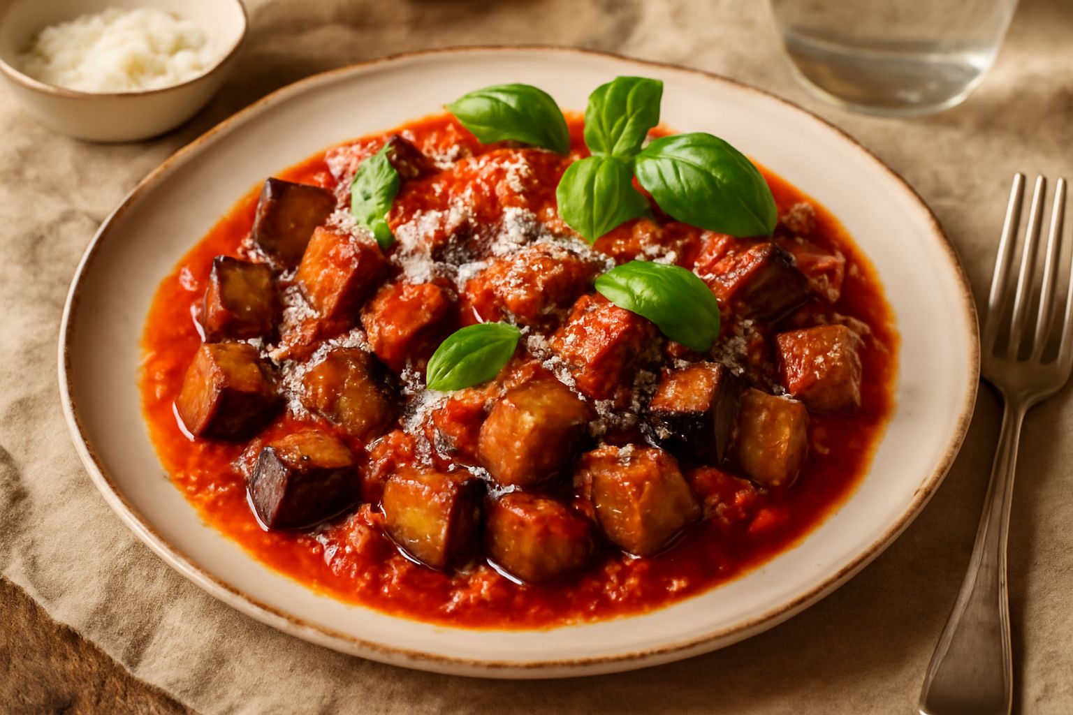 Melanzane alla norma servite in un piatto bianco, con cubetti di melanzana dorata e croccante, sugo di pomodoro rosso vivo, ricotta salata bianca grattugiata sopra e foglie di basilico verde fresco