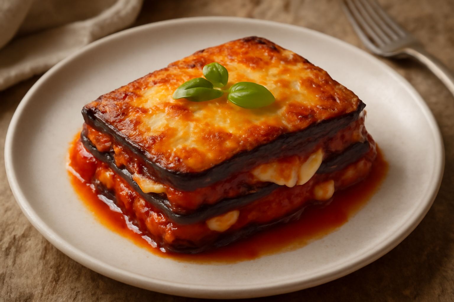 Melanzane alla parmigiana in piatto bianco, strati visibili di melanzana viola scuro, sugo rosso, mozzarella bianca filante e parmigiano grattugiato dorato sulla superficie, con basilico fresco tra gl