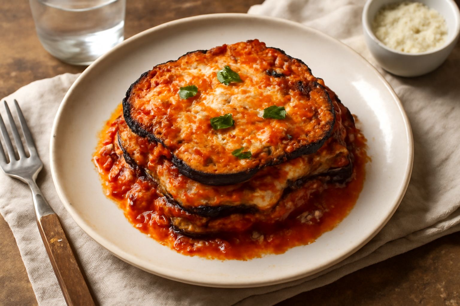 Melanzane alla parmigiana in pirofila di ceramica, visibili i tre strati di melanzane fritte color marrone, il rosso del sugo di pomodoro e le chiazze dorate di mozzarella e parmigiano fuso, con basil