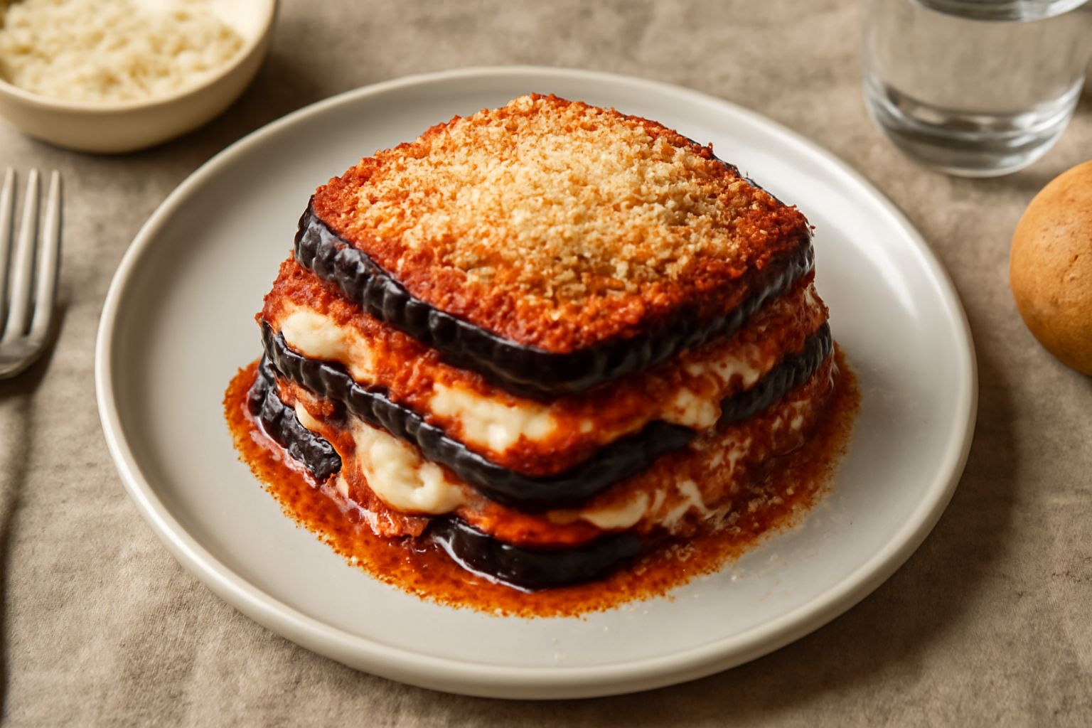 Melanzane alla parmigiana in un piatto bianco, strati di melanzana viola scuro alternati a formaggio filante e salsa rossa, superficie dorata gratinata, vapore leggero, piatto visto da sopra