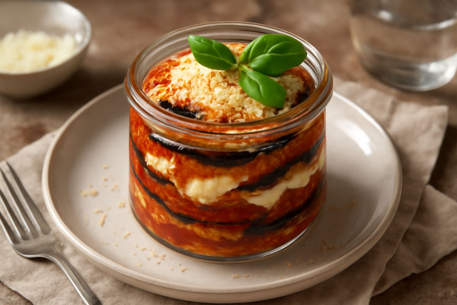 Melanzane alla parmigiana stratificate in un barattolo di vetro trasparente: strati di melanzane violacee, salsa di pomodoro rosso, formaggio bianco filante e basilico verde, sigillato con coperchio m