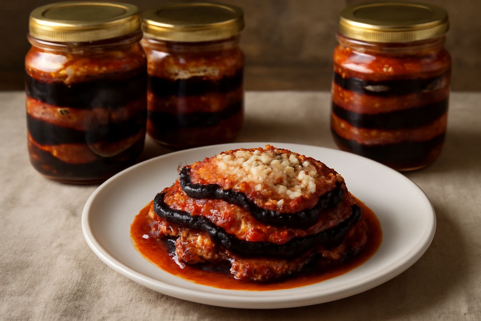 Vasetto di vetro trasparente con melanzane alla parmigiana in conserva: strati di melanzana viola scuro, salsa rossa e formaggio filante bianco, su fondo di legno rustico con cucchiaio di legno accant
