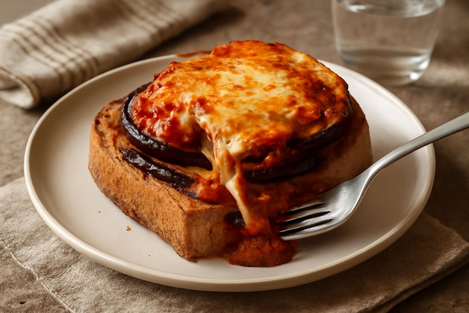Due fette di pane casereccio tostato riempite di melanzane viola scuro condite con ragù rosso e mozzarella filante bianca che esce dai lati, servite nel piatto bianco su tavolo di legno