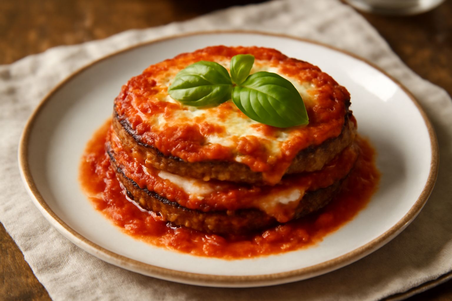 Melanzane alla parmigiana in piattino singolo: strati dorati di melanzana panata, rosso della salsa di pomodoro, bianco della mozzarella filante, verde del basilico fresco, su superficie in ceramica b