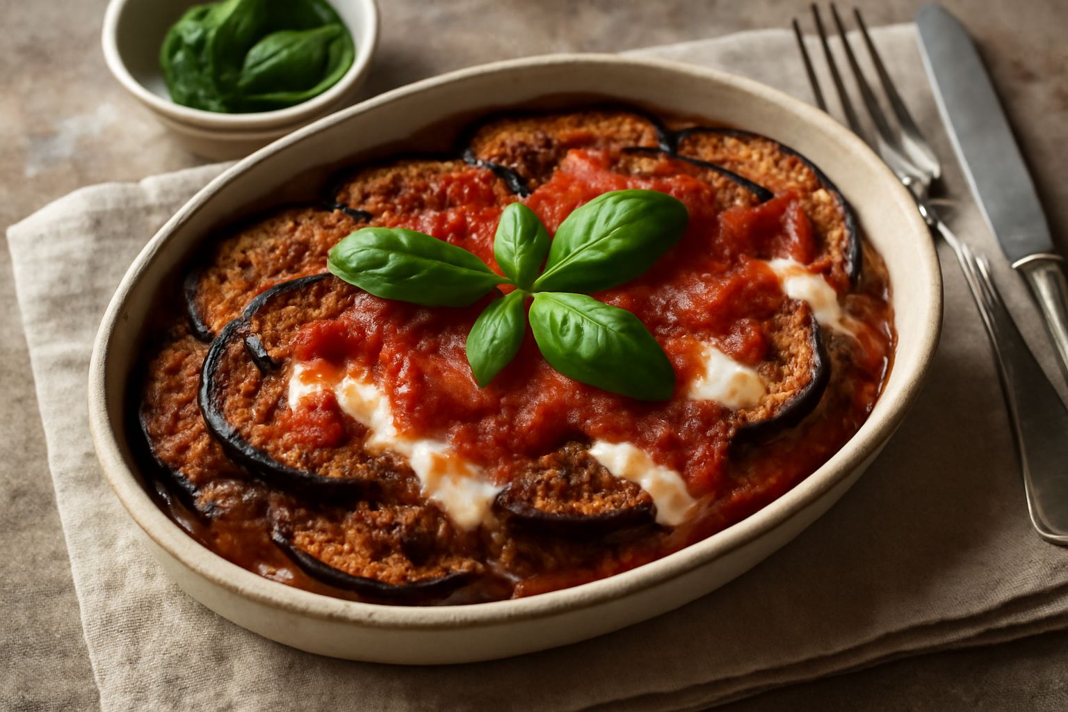Melanzane alla parmigiana modicana in piatto bianco, con strati visibili di melanzane fritte dorate, ragù rosso, mozzarella filante bianca e basilico fresco verde sulla superficie