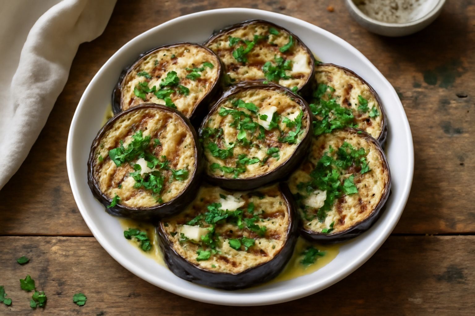 Fettine di melanzana grigliate su piastra calda, dorate ai bordi, condite con olio extravergine d'oliva e spolverate di aglio affettato sottile e prezzemolo fresco verde