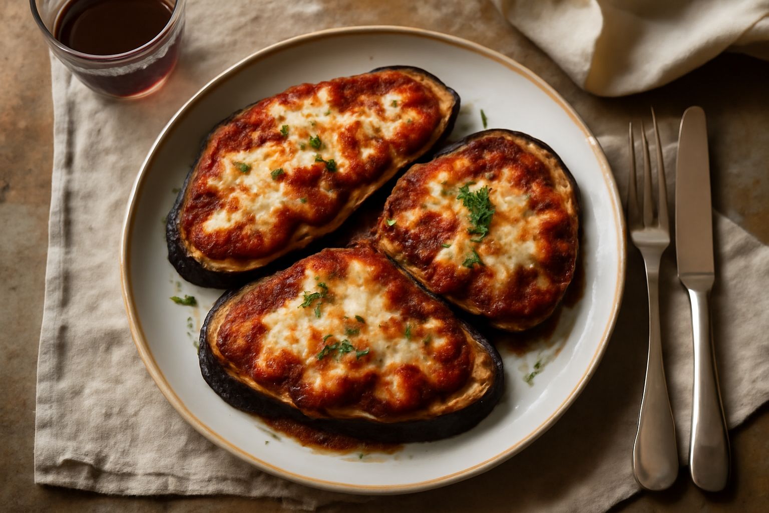 Melanzane nere fritte con strisce di peperoni rossi lucidi e filetti di acciuga grigia su un piatto bianco, bordo di aglio tritato fine