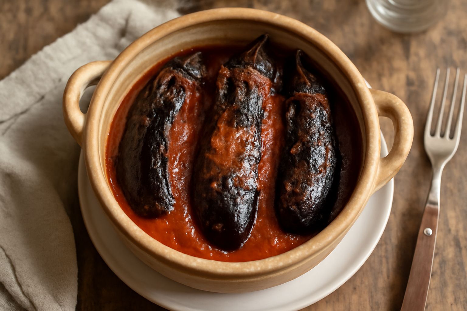 Melanzane intere scure e lucide in una pignata di terracotta beige, con sugo rosso di pomodoro visibile intorno, basilico verde sulla superficie, vapore leggero dalla pentola