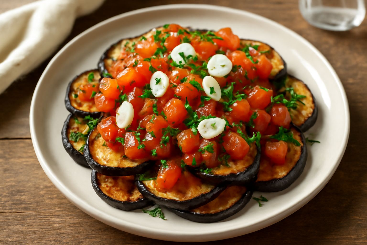 Melanzane dorate e croccanti tagliate a fette sottili, condite con pomodori rossi, aglio e prezzemolo verde fresco, disposte in un piatto bianco su sfondo rustico