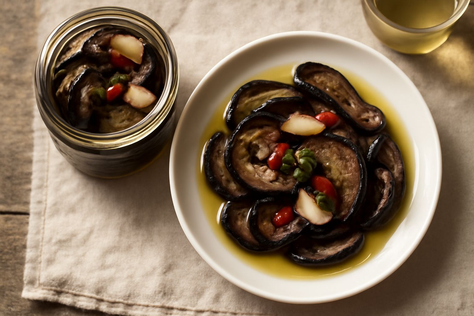 Melanzane tagliate sottili, viola scuro con interno chiaro, coperte di olio limpido con spicchi d'aglio e peperoncino rosso, disposte in un vasetto di vetro trasparente con coperchio