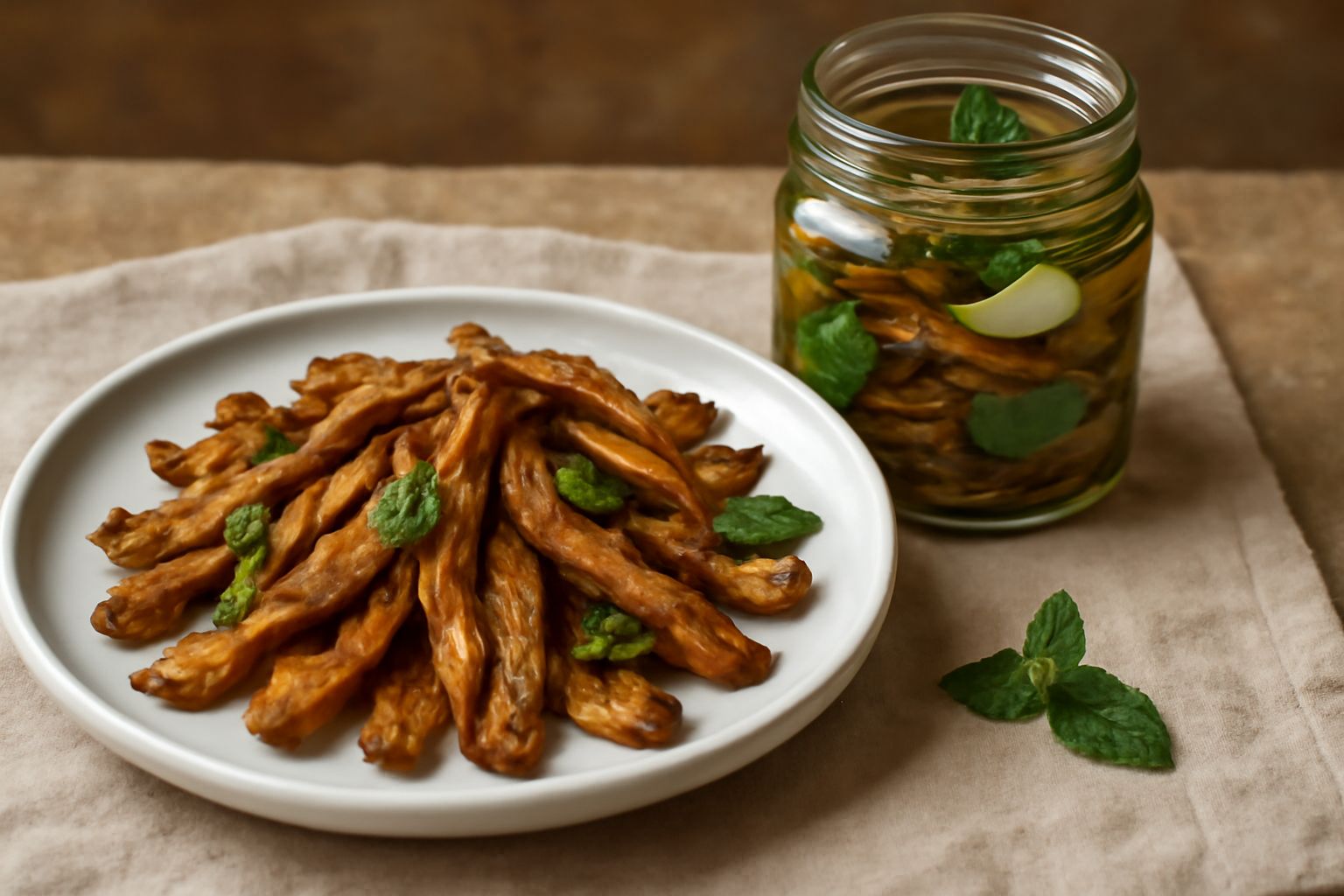 Melanzane tagliate a strisce fini, dorate e croccanti in un vasetto di vetro coperte di olio d'oliva trasparente, con foglie di menta fresca e spicchi d'aglio visibili tra le fette