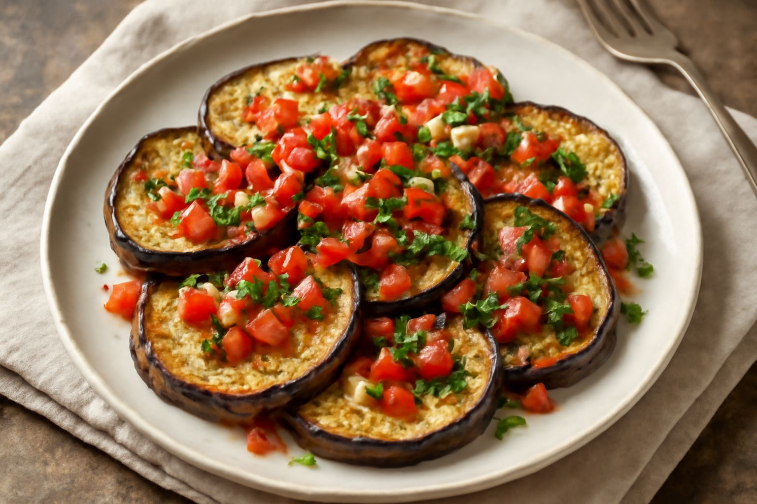 Piatto bianco con melanzane viola tagliate a fette, fritte e dorate, condite con pomodoro rosso fresco, aglio e prezzemolo verde, contorno in piatto da portata