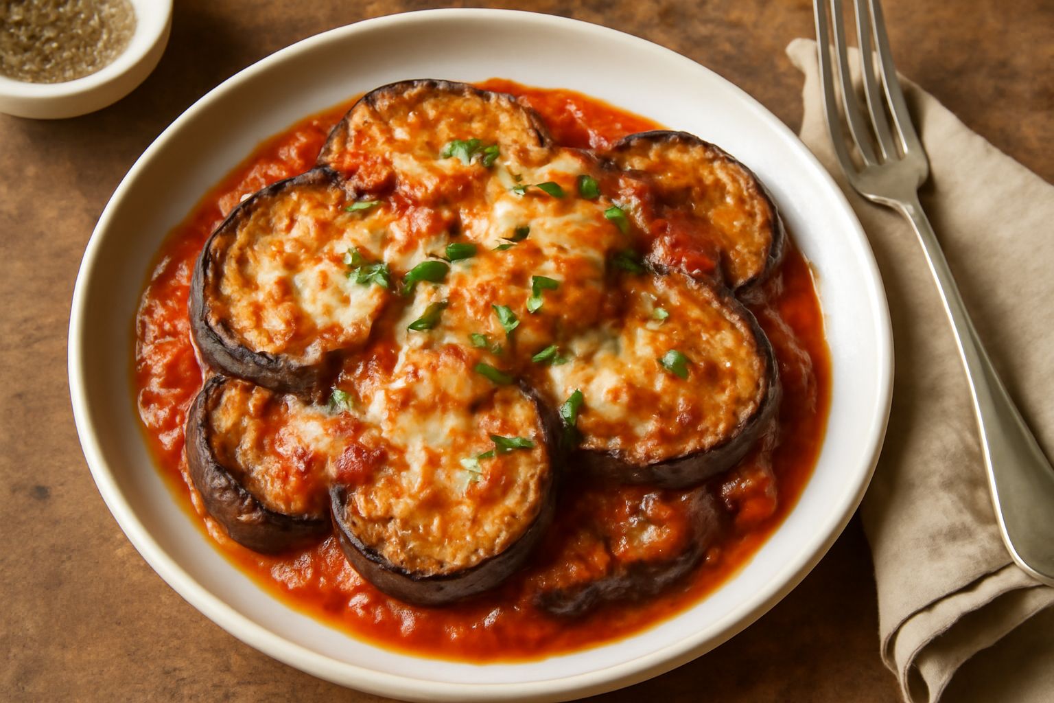 Melanzane viola tagliate a fette, fritte e condite con sugo di pomodoro rosso e foglie verdi di basilico fresco su piatto bianco